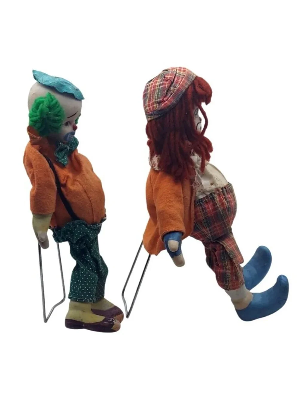 Porcelain Hobo Clown Figurine Doll w/ Display Stand Set of 4 Vintage Collectible